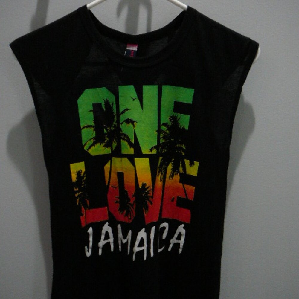 Sun Kissed Island "One Love Jamaica" Tropical Sleeveless Open Back T Shirt-Small
